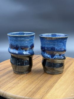 Two Blue Oven Fired Ceramic Drinking Cups Minimalist Kitchen