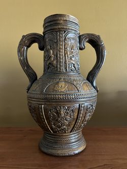 Vtg Faux Carved Wood Panel Vase