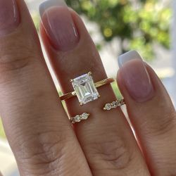 Brand New Moissanite Engagement Ring Set With 2CT Emerald Cut Moissanite And Open Gap Moissanite Ring