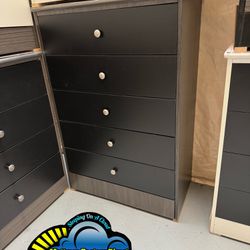 New Grey With 5 Black Drawer Wooden Chest Dresser 