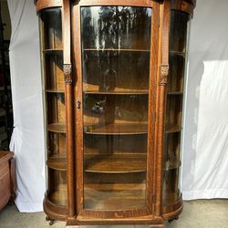 Antique Footed Round Front Curio Cabinet with Key