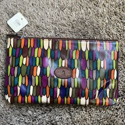 Fossil Key-Per Coated Canvas Peacock Print Cosmetic Clutch, Travel, Makeup Pouch New