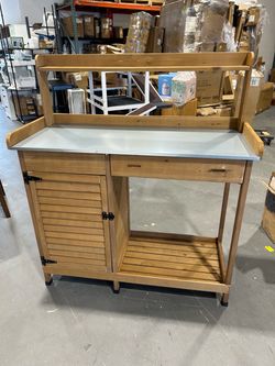 Garden Potting Benche Table Outdoor Wooden Work Station W/Metal Table top,Cabinet,Drawer,Large Bottom Shelf,Open Shelf Natural Wood-Brown-Brown
