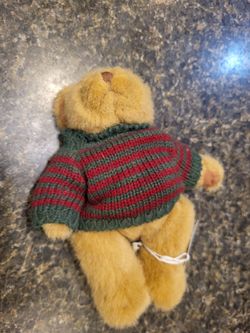 Boyds small 7" tan bear with hunter/maroon striped sweater
