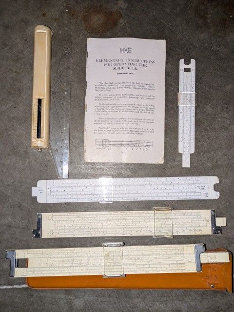 Vintage drafting engineering architecture etc slide rule etc large lot. Measurement items. K&E / Keuffel & Esser, Log Duplex Decitrig 4081-3, ACU Math