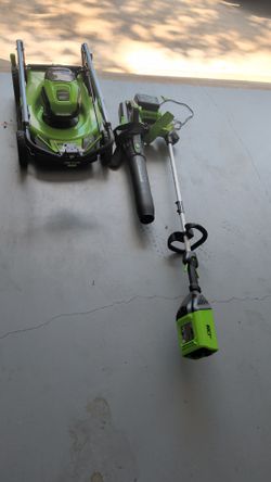 Greenworks 80V lawn combo - mower, trimmer, blower (like new)