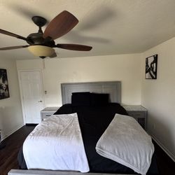 King size bed frame, dresser with mirror attachment and 2 night stands