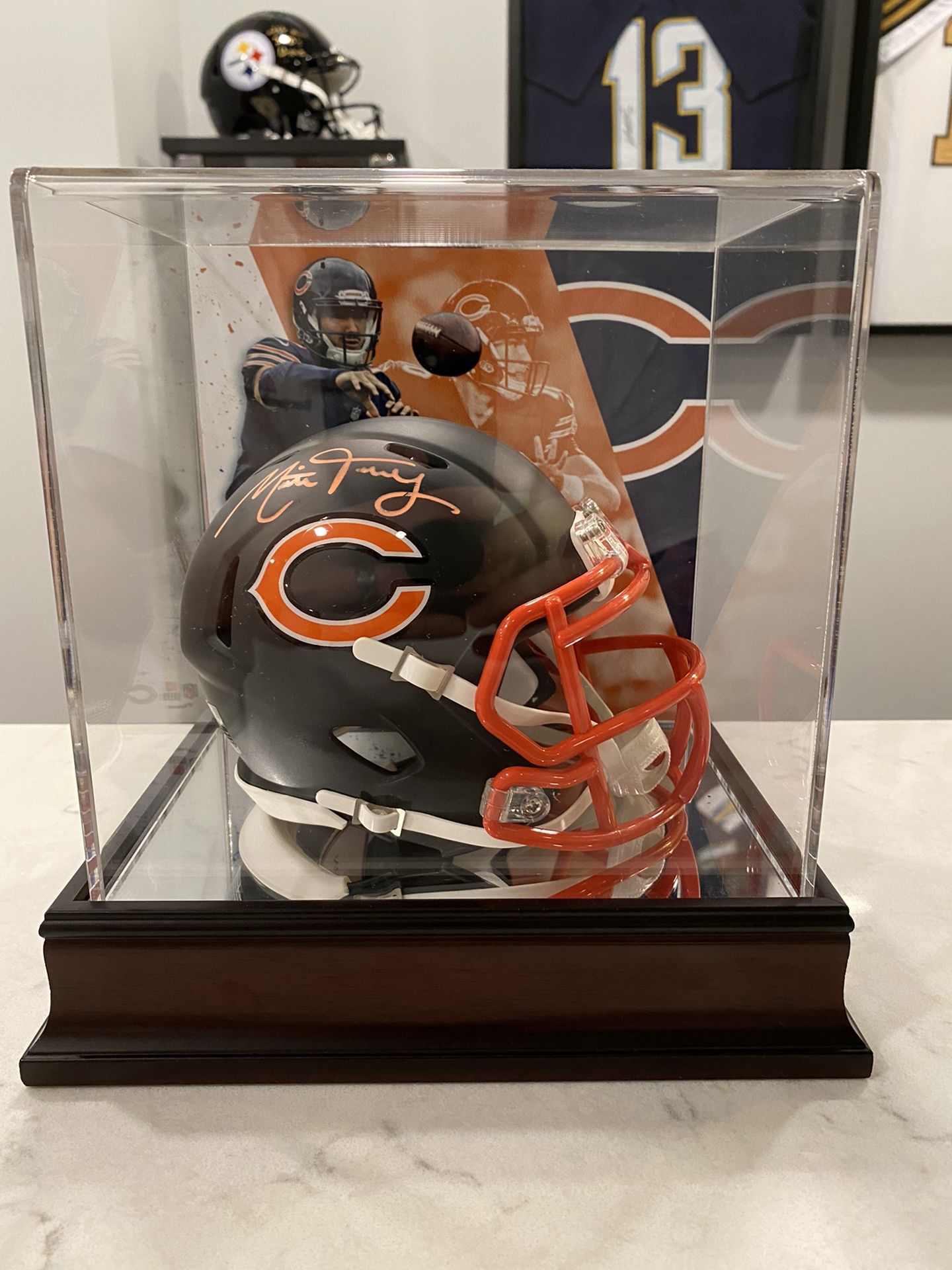 Mitchell Trubisky Signed Chicago Bears Matte Black Speed Mini Helmet (Fanatics Hologram) in custom glass case