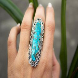 Long Vintage Blue Turquoise Antique Silver Ring - 8