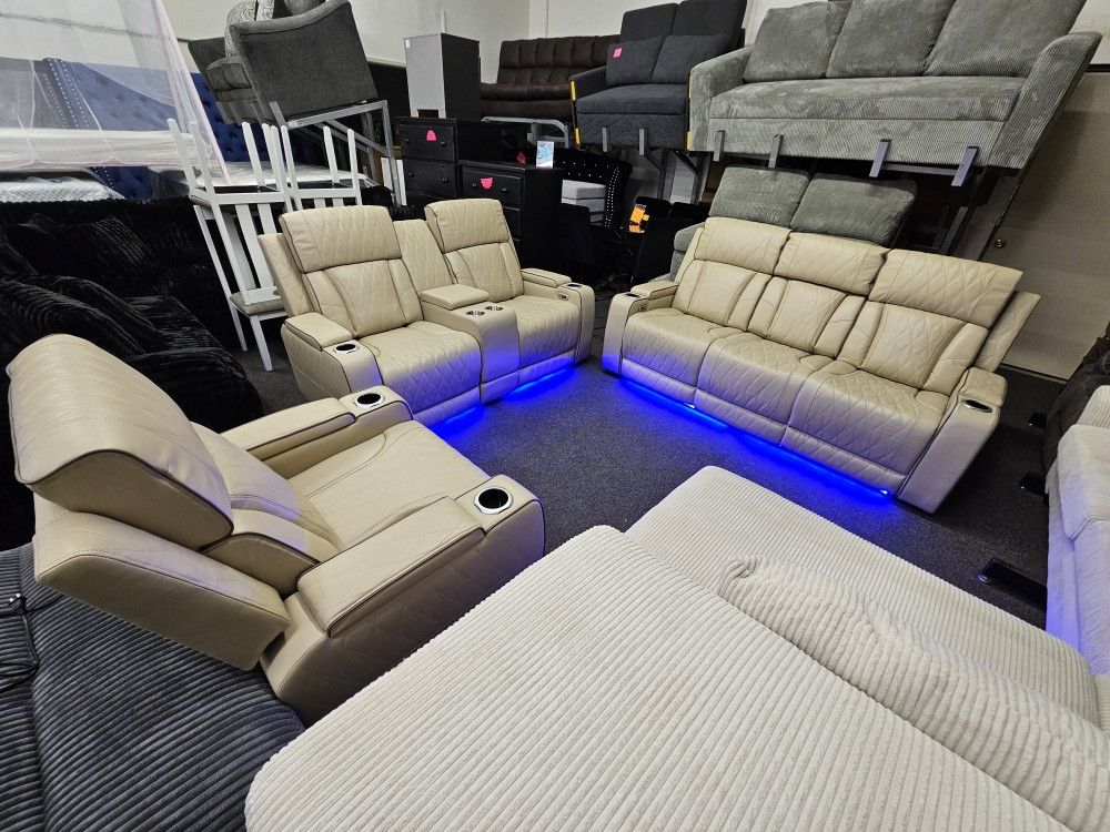 Brand New 3 Pcs Sofa Sets Power Faux Leather Beige With Wireless Charger, Usb, Storage, Reading Light & LED Light $1899