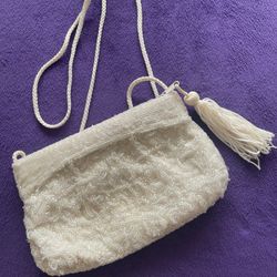 Vintage Accessory Lady Beaded Evening Bag, Ivory Glass Bead Purse with Tassel, 1980s