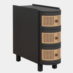 Solid Wood End Table with 3 Rattan Drawers and Exquisite Embossed Handles, No Assembly Required