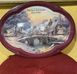Antique metal tray coffee table Thomas Kinkade Christmas mauve trays metal Cherished Light Winter Village Cobblestone 16x12 tin