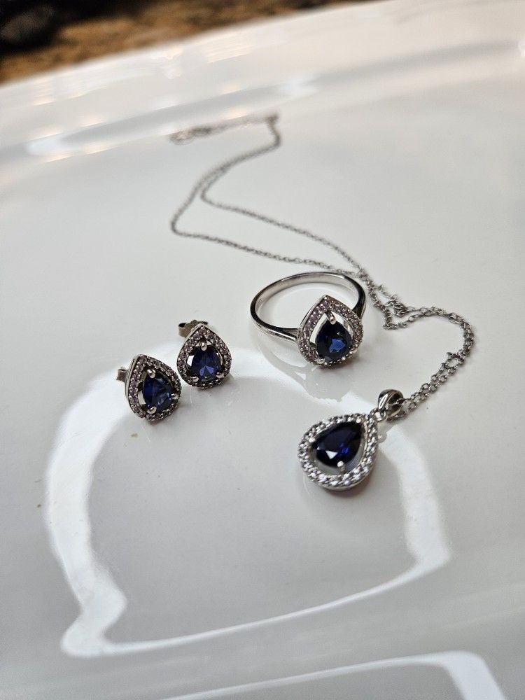 Sterling Silver Tear Drop Sapphire Set