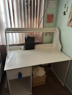 White Desk With Book Shelf And Drawer And Lower Storage