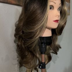 Synthetic Blend Middle Part Lace front Long BodyWave Brown with gold highlights Wig