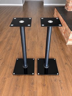 Pair of Modern Speaker Stands with Glass Tops & Hidden Wire Management