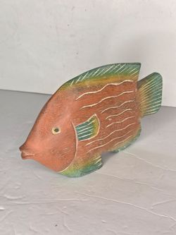 Hand Carved Wooden Tropical Fish Figurine Coastal Beach Decor Multi Color 9.5in