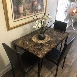 Faux Marble Dining Table Set With 3 Leather Chairs 