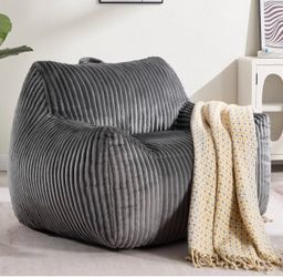 Large Comfy Plush Bean Bag Chair for Adults with Armrests and Back (Grey) Corduroy Beanbag Lounge Lazy Floor Sofa, Accent Chair for Living Room, Bedro