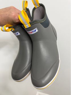 grey XTRATUF 6-inch Ankle Deck Boots featuring bright yellow pull mens size 11