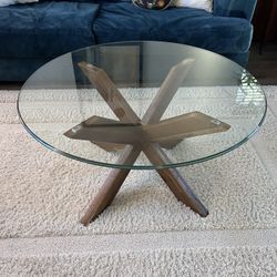 Pier One 36” Diameter Glass Coffee Table With Walnut Stand