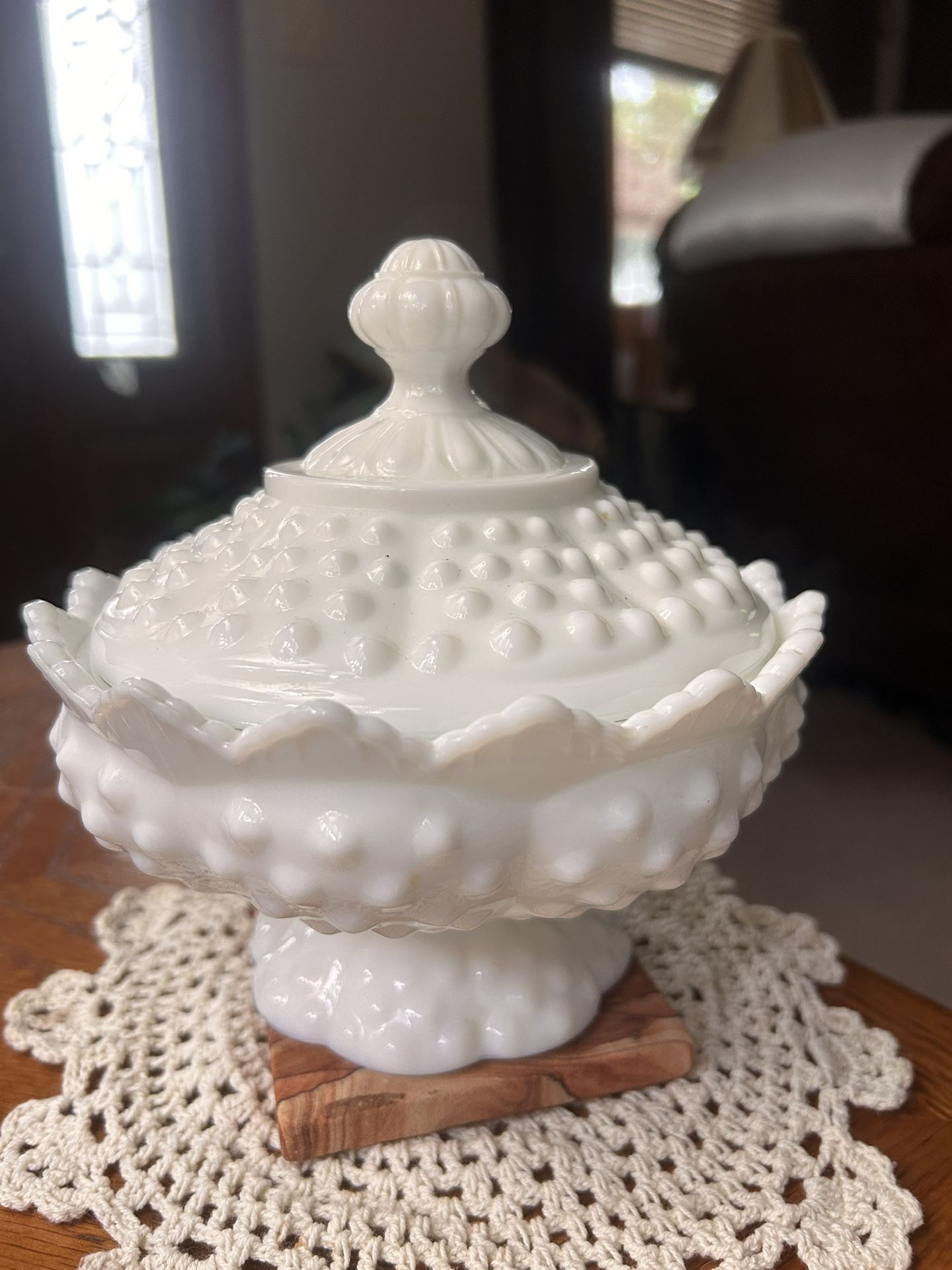 Vintage Fenton Sawtooth Hobnail White Milk Glass Footed Candy/Bon Bon Dish