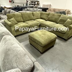 Green Sectional Sofa And Ottoman, Sage Sectional, Sectionals, Sofa, Couch, Living Room Sofa, Corduroy Sectional, Plush Sectional,Soft Plush Couch