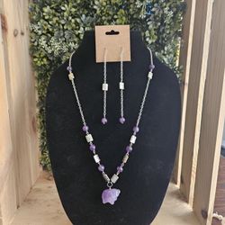 Purple Stone Bear And Silver Earrings And Necklace Set