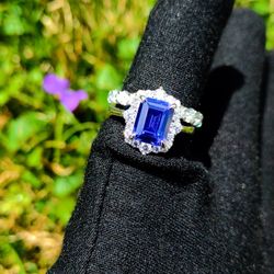 Sterling Silver Blue Sapphire & Simulated Diamond Moissanite Ring Set
