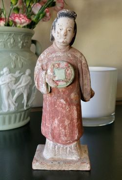Antique Chinese Ming Style Sancai Glazed Terracotta Attendant Figure 8.2"