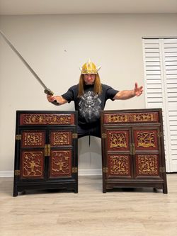 Antique pair of Asian wedding cabinets or nightstands! Beautiful hand carved reliefs! CAN DELIVER!