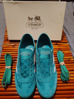 Size 8 Coach New in box Emerald Green Logo Canvas and Suede Sneakers, also potentially known as the Coach Yolanda Lace Up Sneaker