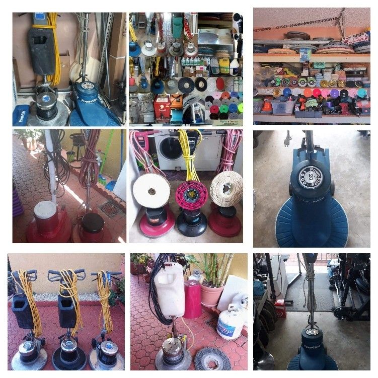 Floor Machines, Buffer, Scrubber, Polisher, Pulidora, Burnisher + Janitorial Supplies