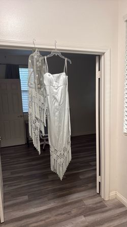 Minty silver  Satin Fringe Midi Dress with Shawl