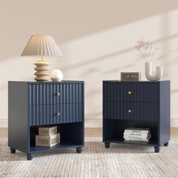 Nightstand, Fluted End Table with 2 Drawers, Nightstand with Open Shelf for Bedroom (2, Blue)