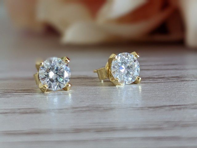 1CT X 2 Authentic Moissanite 4 Prong Earrings 18k Gold over 925 Sterling Silver