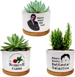 3Pack The Office Succulent Pots 3.15 Inch Ceramic Planter Pots with Bamboo Tray with Drainage,The Office Merchandis TV Show Gifts Our Flower Pots are 