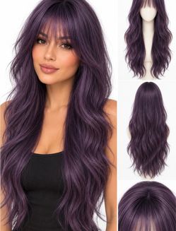 28" Long Purple Synthetic Wig with Bangs - Layered Wavy Hair
