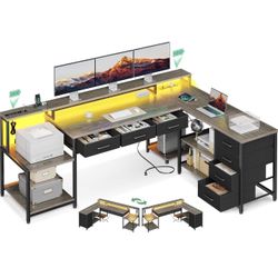 NEW AODK 79" L Shaped Desk with 7 File Drawers, L Shaped Computer Desk with 2 Power Outlets/Monitor