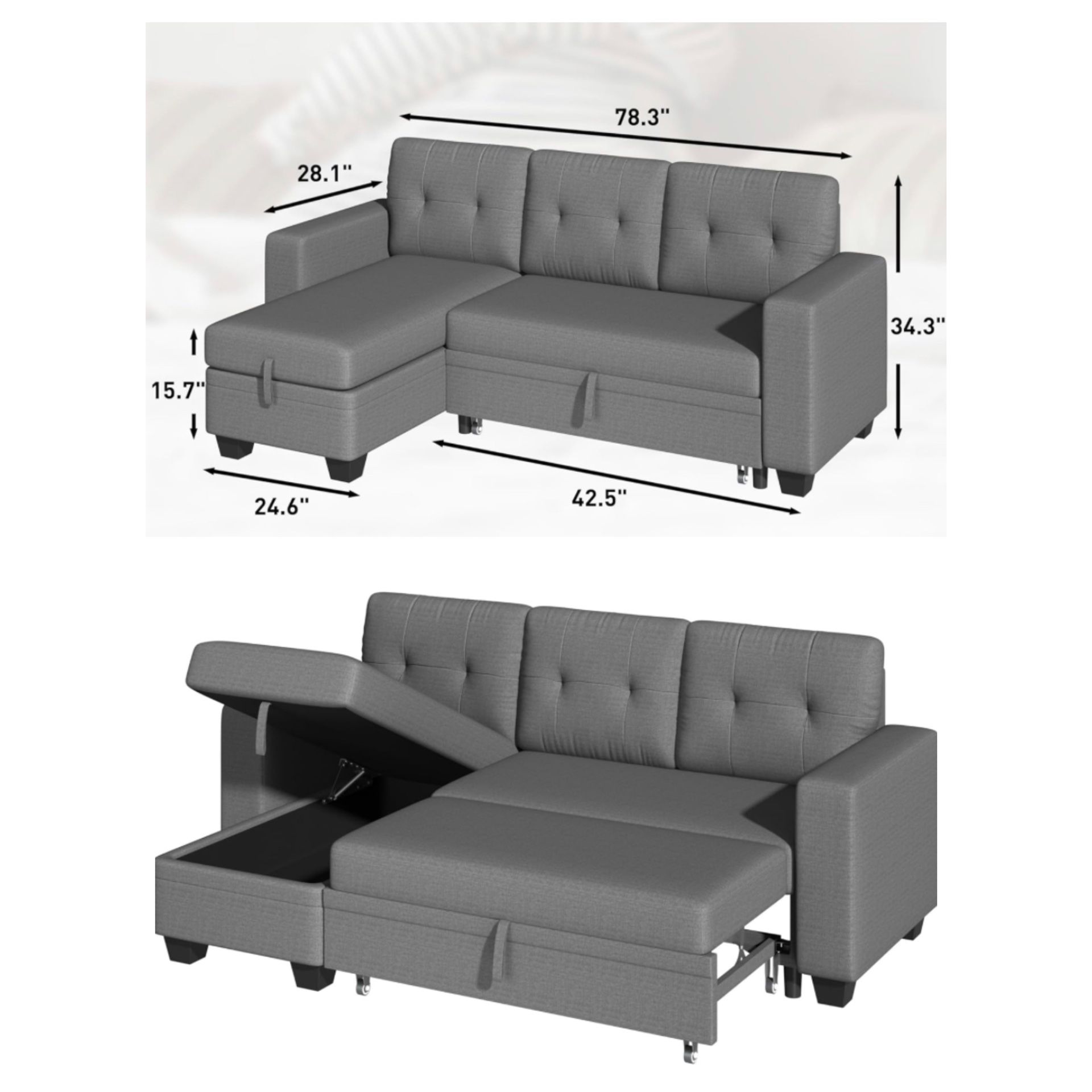 Dark Gray Sleeper L-Shape pull out Couch sofa bed with Storage - Sofá cama