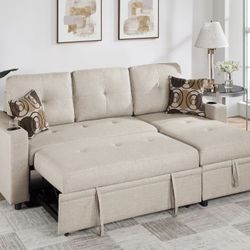 Beige Sectional With Pull Out Bed And Cup Holder Brand New