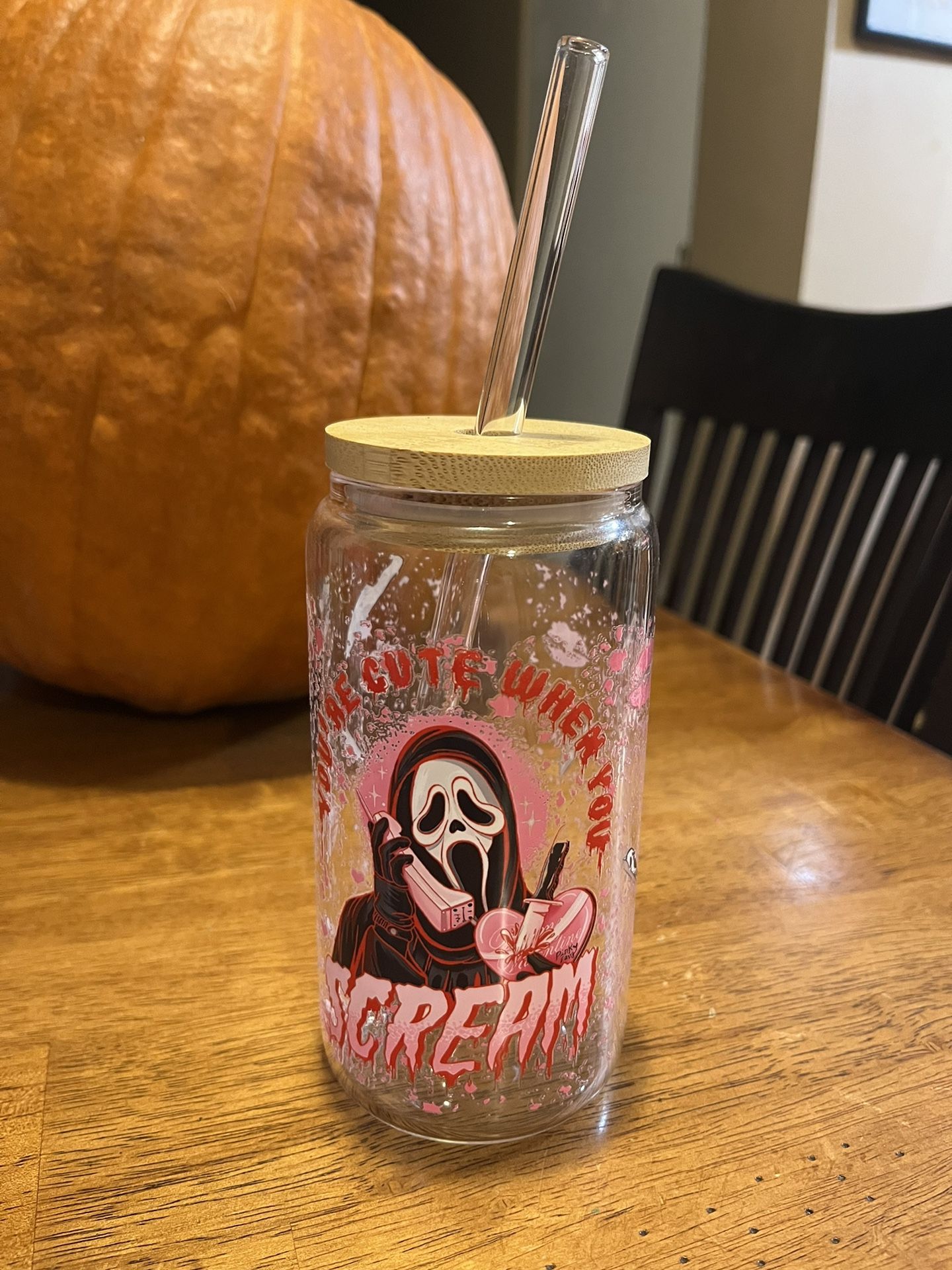 Halloween Scream 10oz Glass Cup with glass Straw 