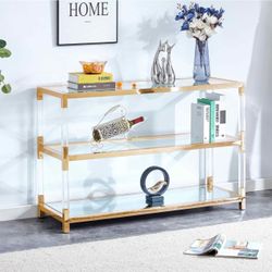 48" Glass Console Table, Gold Stainless Steel with Acrylic Frame Clear Glass Top Rectangular Sofa