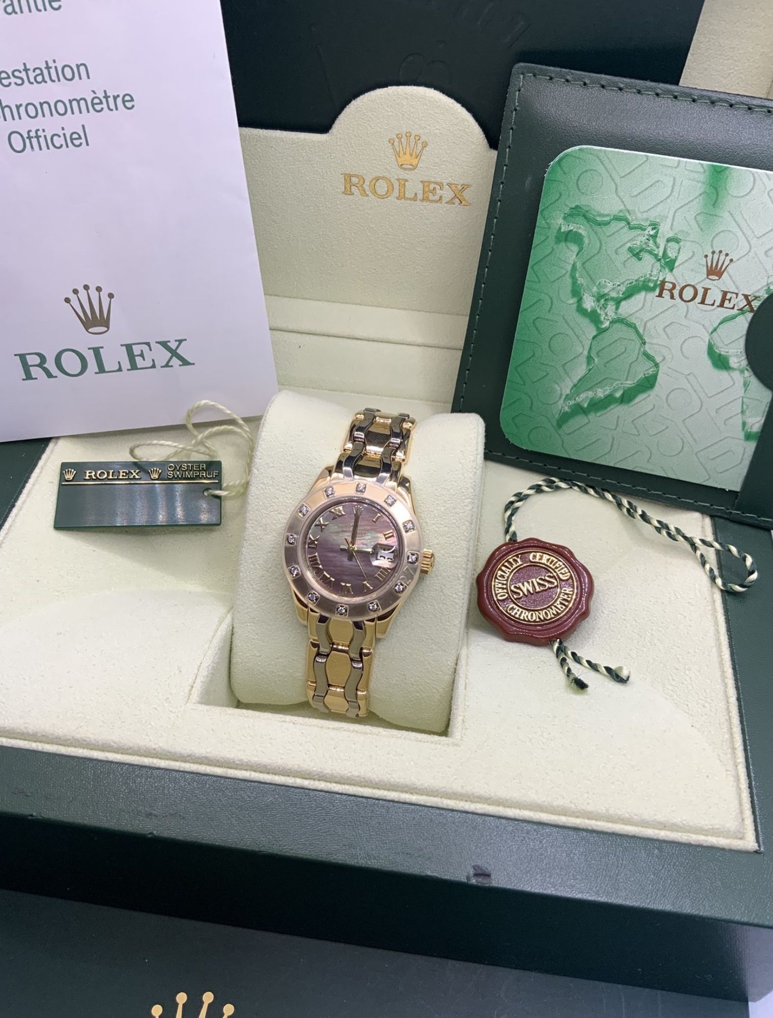 Rolex 80318 Ladies Pearlmaster 29mm , 18k Yellow Gold Diamond Bezel , Complete Box, Card & Tags
