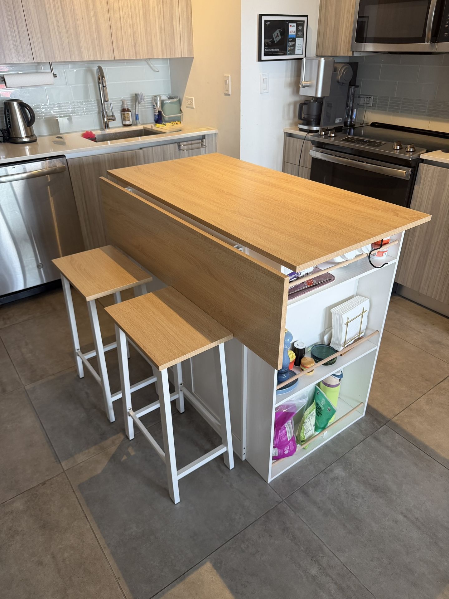 Kitchen island with storage and 2 stools