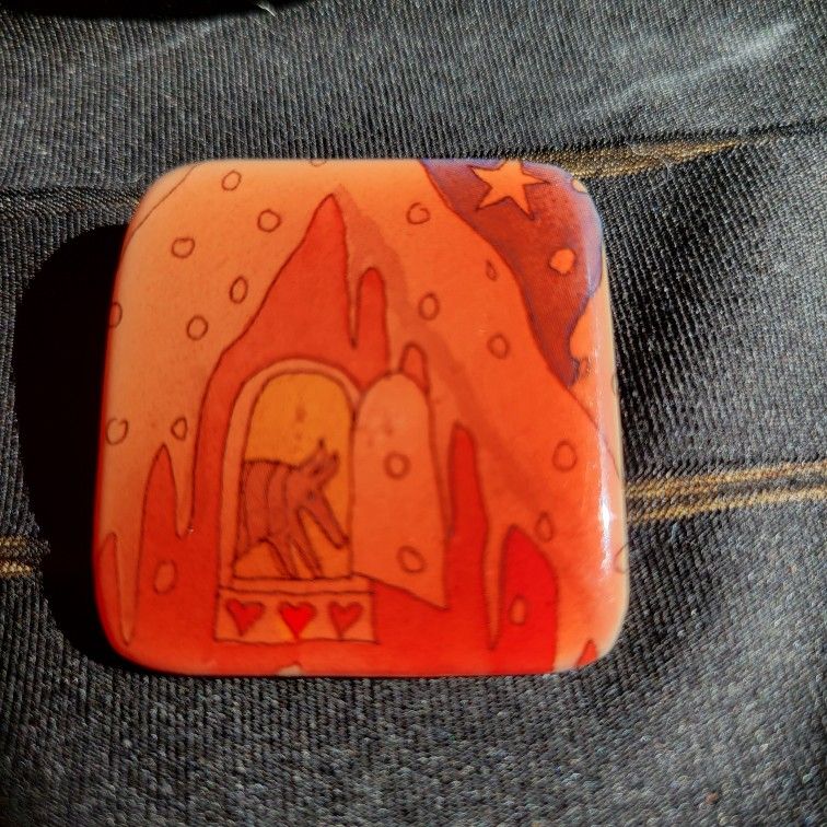 Vintage Square Epoxy Handmade Aardvark With Hearts Brooch 1.5"x1.5"