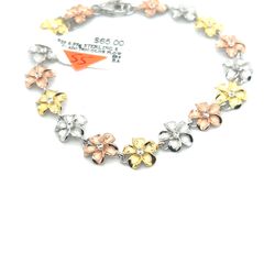 925 Sterling Silver Tri Color Flower Bracelet 6.95grams 153681 2