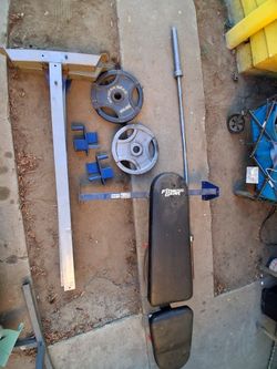 BENCH PRESS BENCH, BAR, WEIGHTS AND RACK