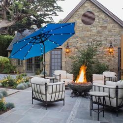 9 ft. Steel Market Crank and Tilt Round Solar Light Patio Umbrella in Aqua